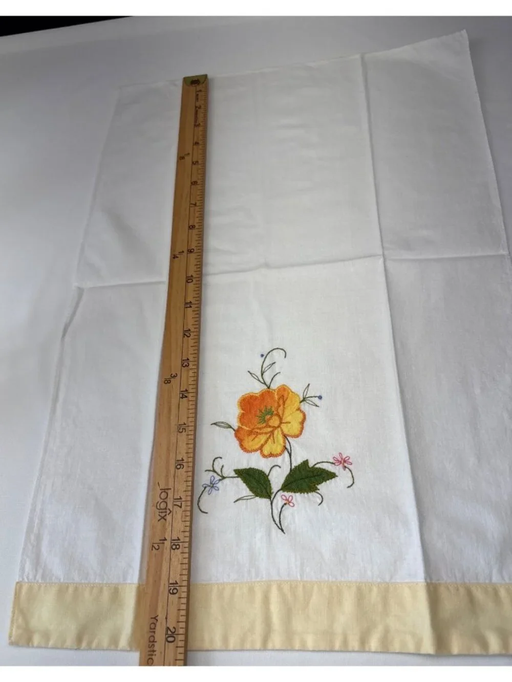Embroidered Floral White Cotton Dish Towel Yellow Edge 20